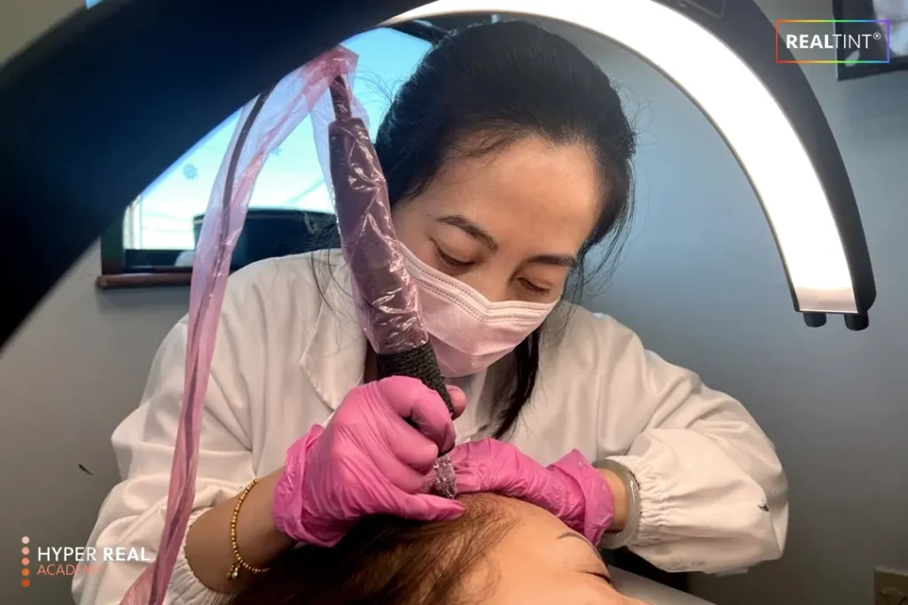 permanent makeup artist working on scalp migropigmentation on client