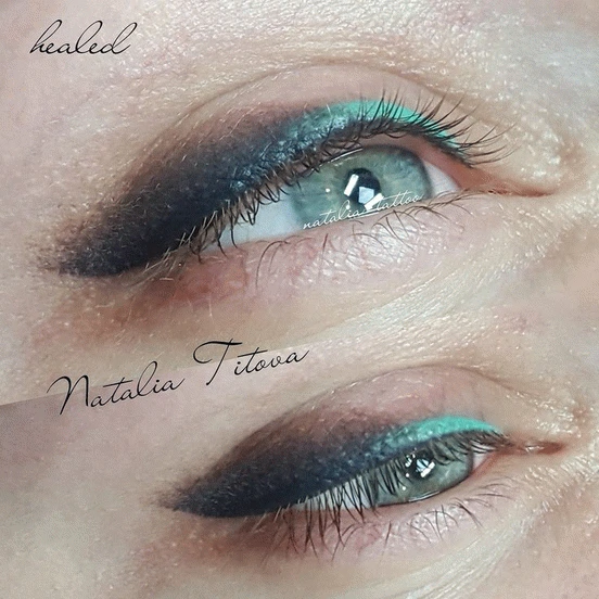 Eyeliner PMU before and after comparison. Top: natural eyes without makeup. Bottom: thin dark line along upper lash line. Lash line enhancement creating subtle definition. Hyper Real Eyeliner showing natural finish and enhanced lash appearance.