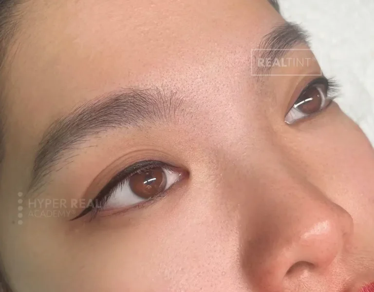 Before and after nano brows comparison. Top: natural sparse brows. Bottom: dark, defined brows with visible hair strokes. 'HYPHER REAL' (Hyper Real) branding, RealTint pigment. Shows microblading or nano brows PMU procedure results.