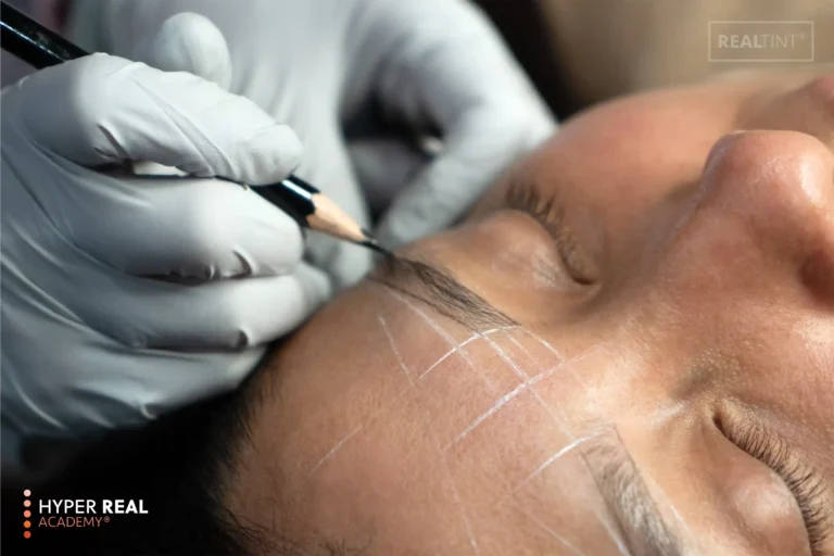 Nano brows before and after transformation. Top: natural sparse brows. Bottom: defined hair-like strokes with warm brown pigment. Eyes open and closed views showing precision of nano brow technique. RealTint pigment, Hyper Real Academy results.