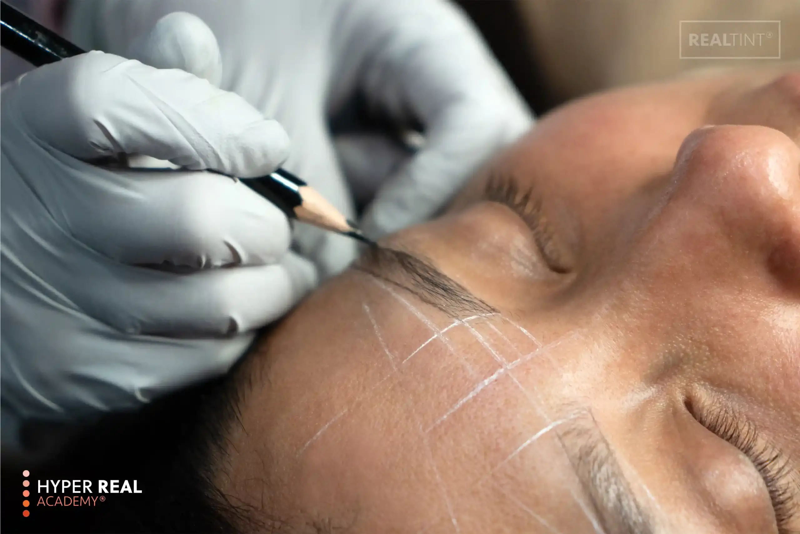 Nano brows before and after transformation. Top: natural sparse brows. Bottom: defined hair-like strokes with warm brown pigment. Eyes open and closed views showing precision of nano brow technique. RealTint pigment, Hyper Real Academy results.