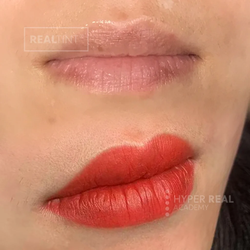 Lip blush before and after. Top: natural pale lips. Bottom: vibrant coral-red lips with defined shape and saturation. RealTint pigment, Hyper Real Academy lip enhancement showing immediate post-procedure results.
