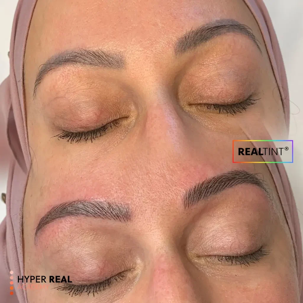 Before and after nano brows transformation. Top: natural light brown sparse brows. Bottom: dark, full brows with defined arch and hair-like strokes. REALITY watermark. Shows PMU eyebrow enhancement with simulated hair strokes.