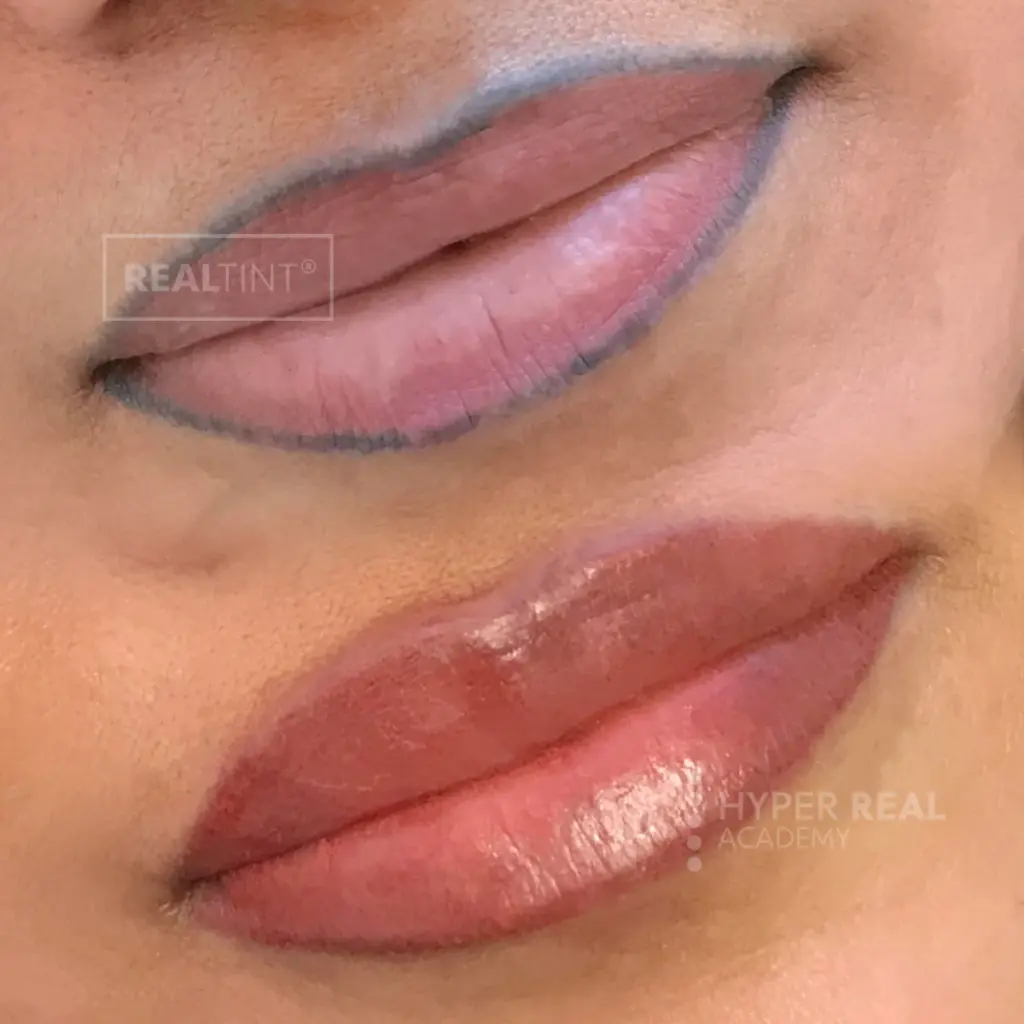 Lip blush before photo. Close-up of lips with dark blue mapping line drawn around perimeter. Blue surgical marker outlines new shape for lip tattooing. Shows PMU preparation phase with planned symmetry correction.