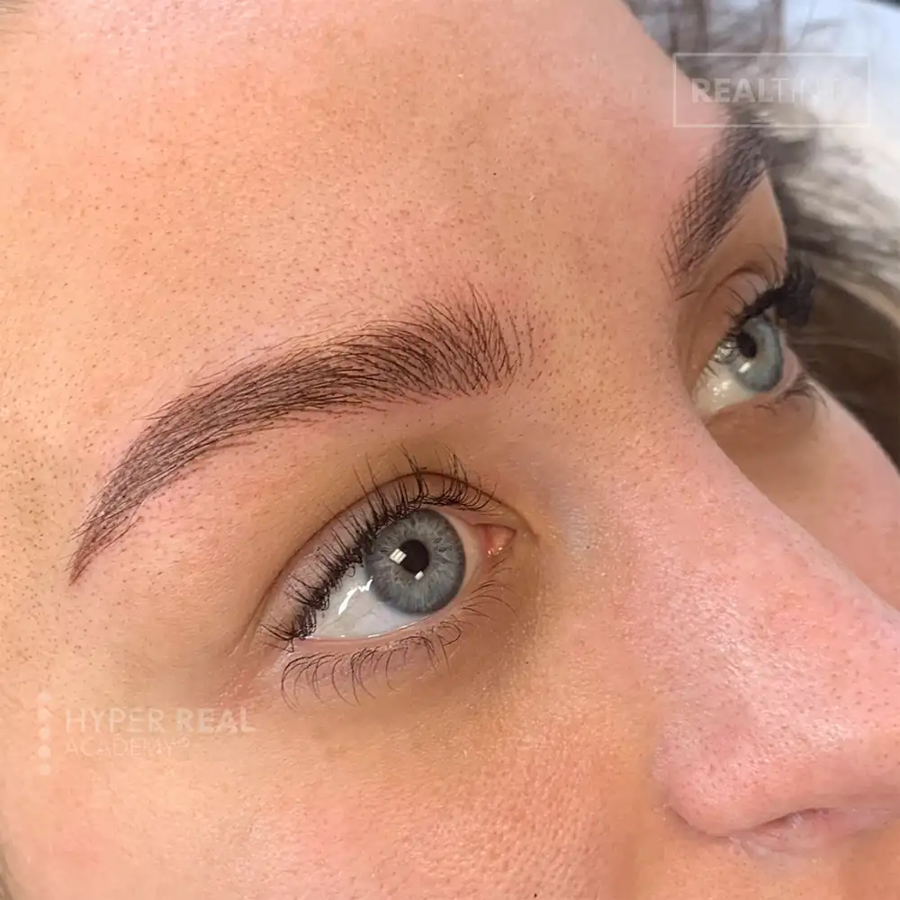 Male nano brows PMU - close-up showing defined hair strokes on male client. Natural brown pigment with arch definition. Watermark visible. PMU procedure for men.