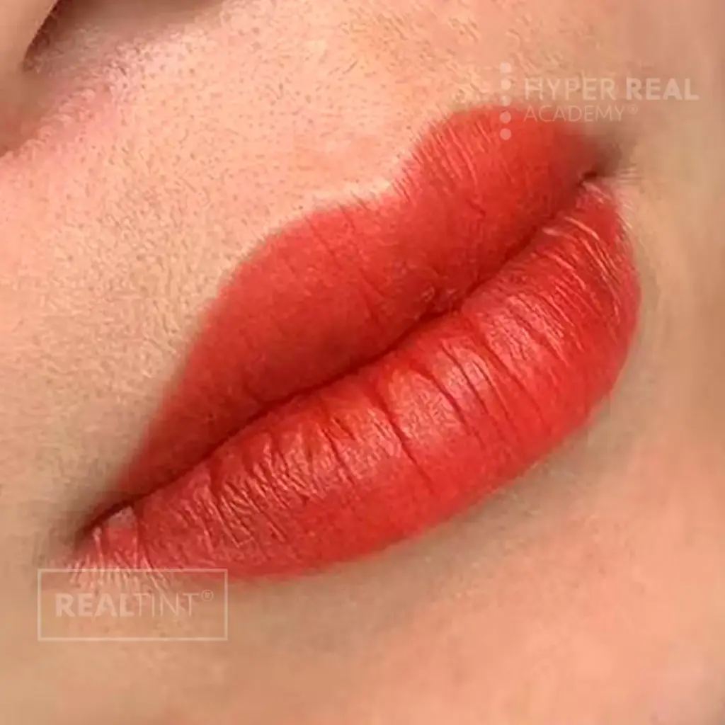 Lip blush PMU close-up with rosy-pink enhanced lips on medium-dark skin tone. Slight gloss from healing ointment. Watermarks 'HYPER REAL' and 'PERMANENT MAKEUP' visible.