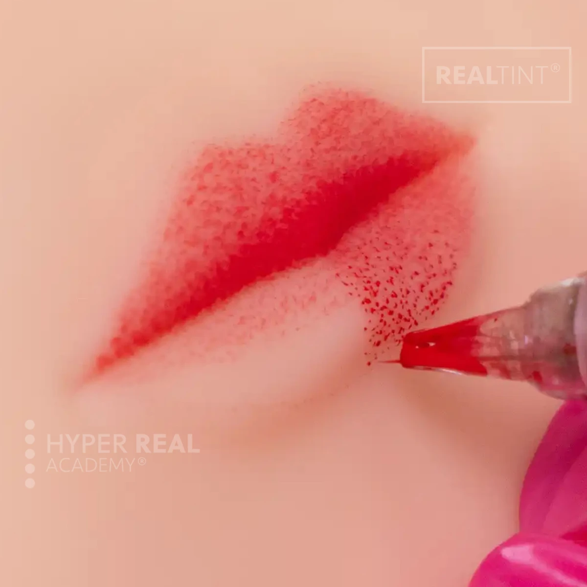 RealTint hair color product demonstration - person in white lab coat with pink gloves holding rack of dark and light hair dye bottles. Training or product showcase photo.