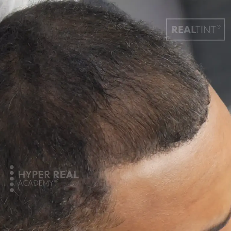 Nano brows before/after transformation - left shows sparse light brows, right shows darker fuller hair strokes with defined shape. Watermark 'REALTINT' visible. PMU procedure result.