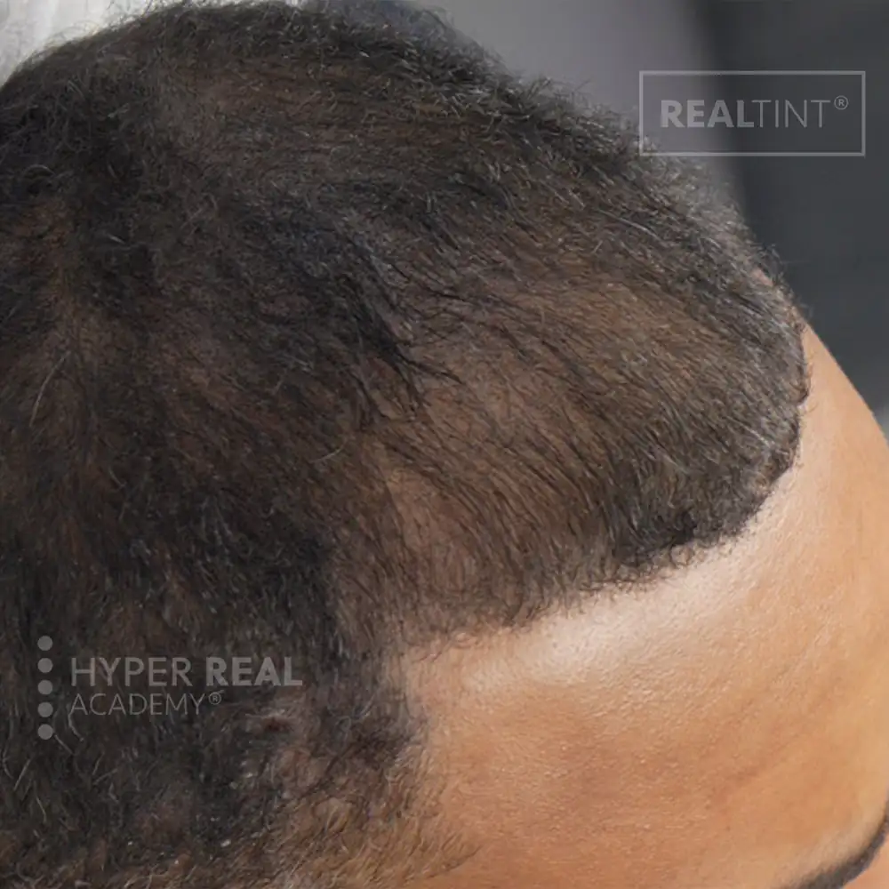 Nano brows before/after transformation - left shows sparse light brows, right shows darker fuller hair strokes with defined shape. Watermark 'REALTINT' visible. PMU procedure result.