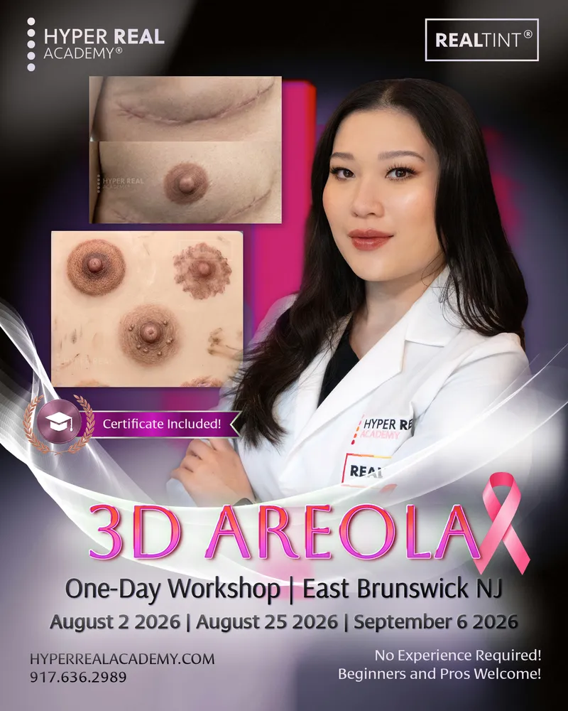 Hyper Real Academy instructor performing brow mapping for a PMU procedure. A professional in a white coat and pink mask uses a pencil to design eyebrows on a client, demonstrating techniques for nano brows, powder brows, and permanent makeup. RealTint® branding visible.