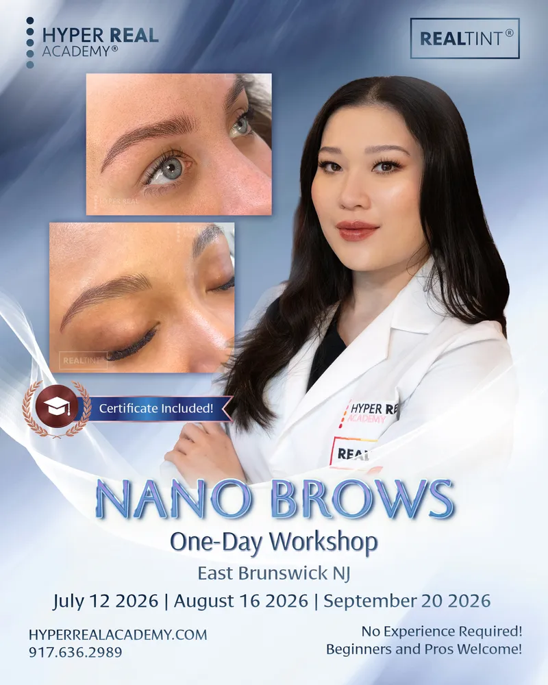 PMU training session at Hyper Real Academy featuring an instructor in a white coat and pink mask performing eyebrow mapping for nano brows or powder brows on a model. A student in a black mask observes the procedure. RealTint® branding visible.
