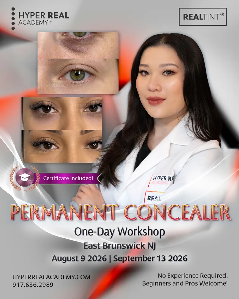 Promotional flyer for Hyper Real Academy SMP (Scalp Micro Pigmentation) One-Day Workshop in East Brunswick NJ. The image features a model, before and after scalp micropigmentation photos demonstrating hair loss coverage, and a tattoo machine. Includes RealTint® branding and text highlighting the 'Machine-Automated Dot Technique.'