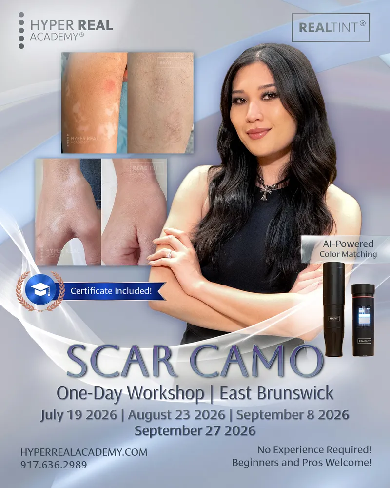 Hyper Real Academy instructor performing brow mapping for a PMU procedure. A professional in a white coat and pink mask uses a pencil to design eyebrows on a client, demonstrating techniques for nano brows, powder brows, and permanent makeup. RealTint® branding visible.