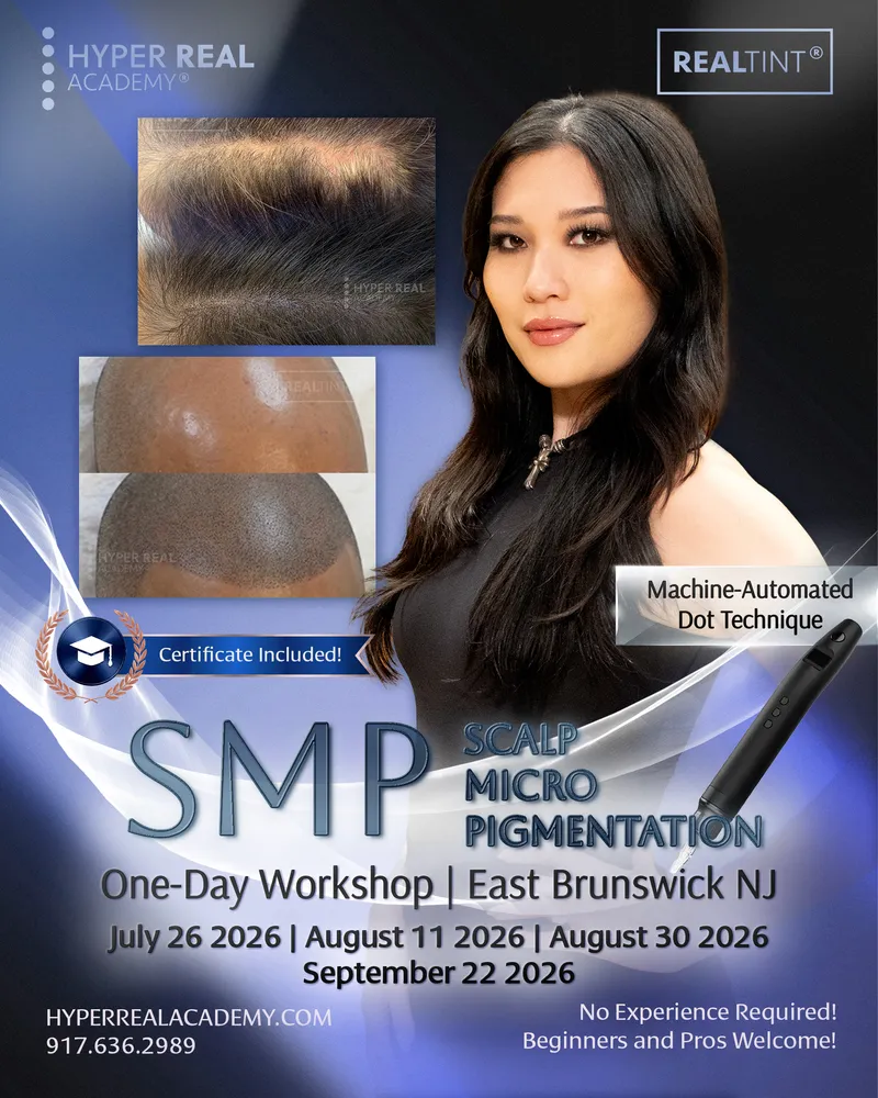 PMU training session at Hyper Real Academy featuring an instructor in a white coat and pink mask performing eyebrow mapping for nano brows or powder brows on a model. A student in a black mask observes the procedure. RealTint® branding visible.
