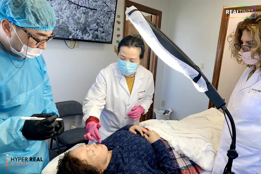 Instructor demonstrates a brow mapping procedure under a magnifying lamp while students observe at Hyper Real Academy